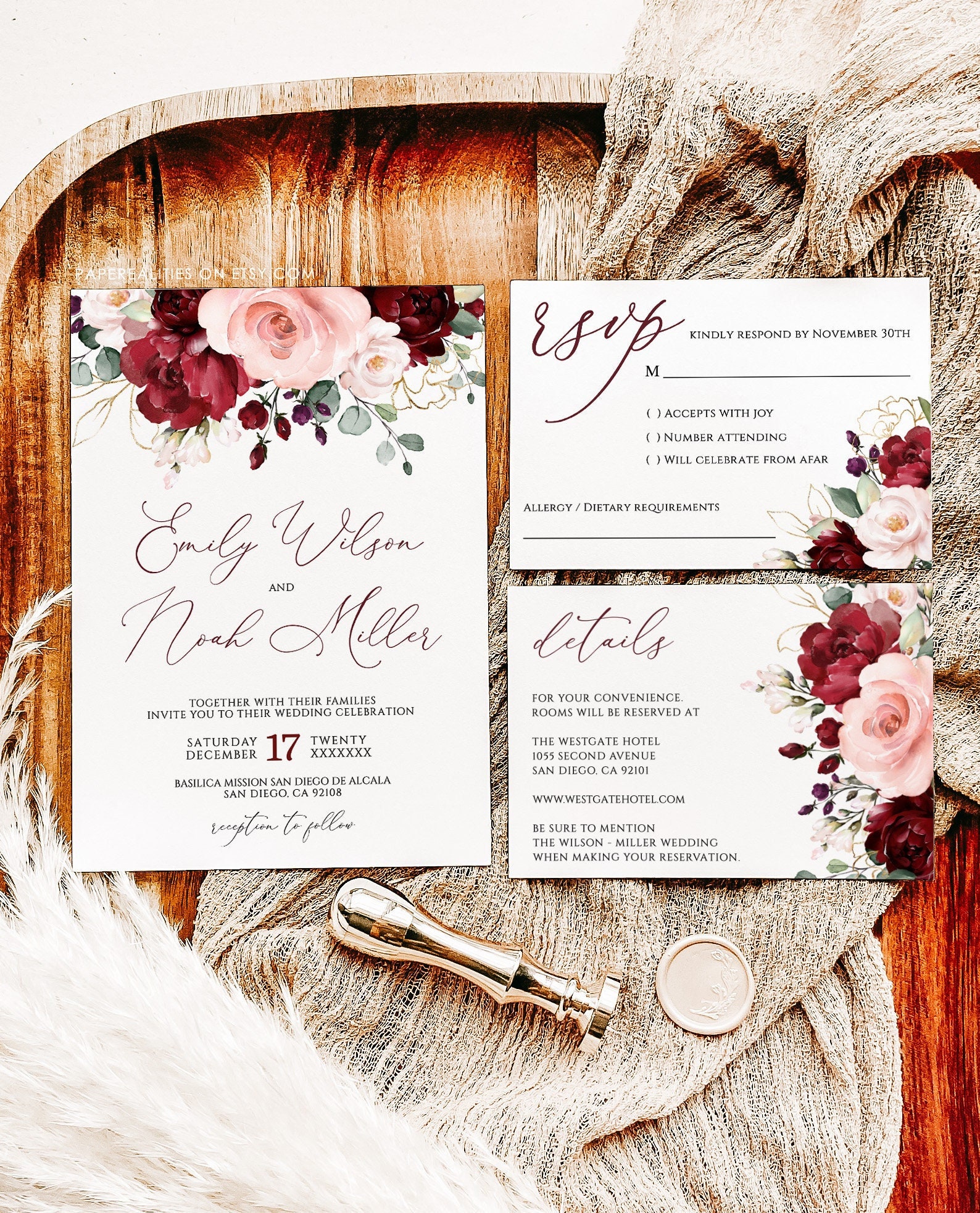 Plantilla de invitación de boda floral en tonos burdeos (descarga digital)  - Etsy México, image size:1588x1966