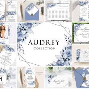 AUDREY - Dusty Blue Wedding Invitation Bundle Template, Dusty Floral Wedding Invitation Suite, Wedding Template Bundle, Wedding Invitation