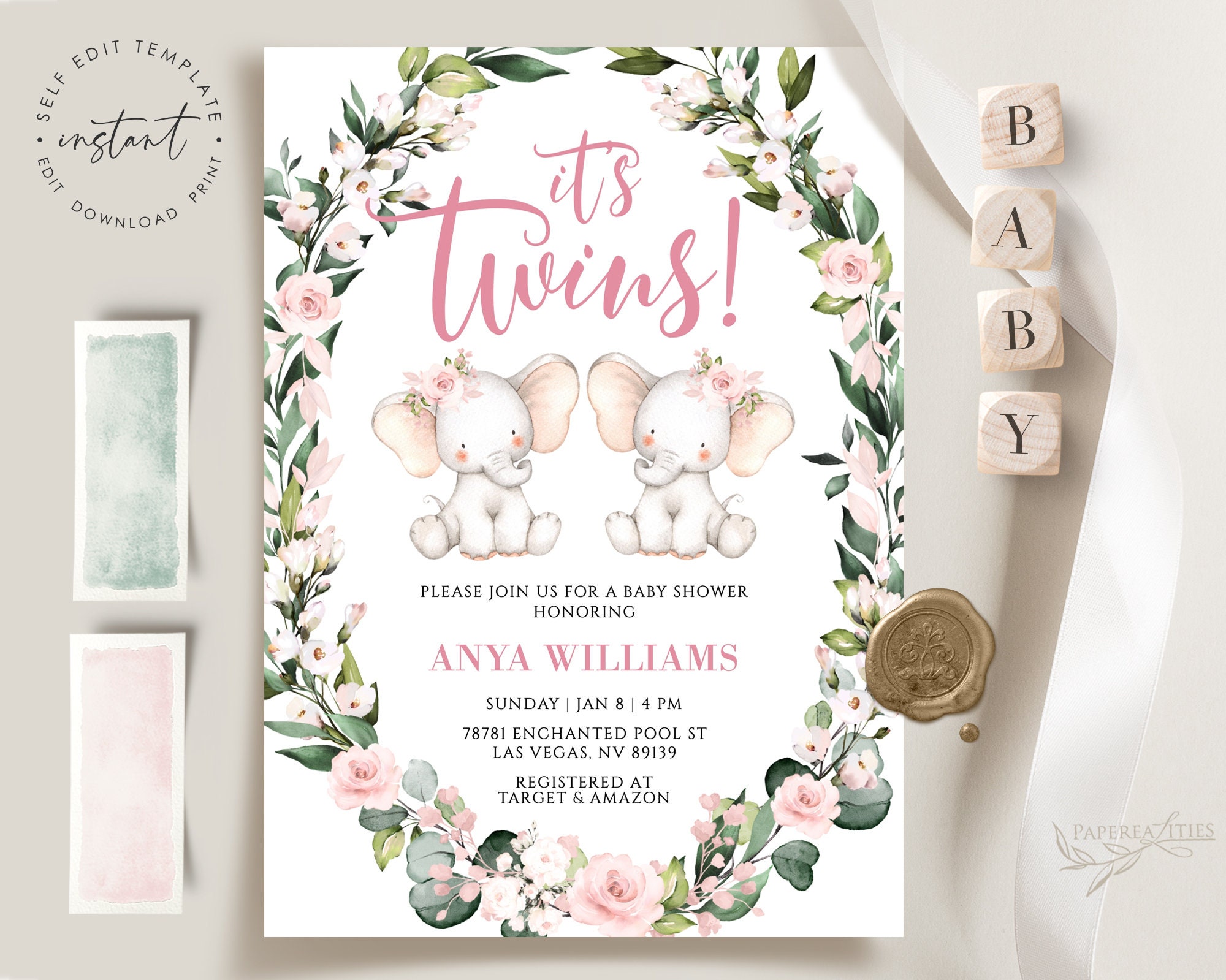 Twins Baby Shower Invitation Template Baby Shower Invitation Etsy