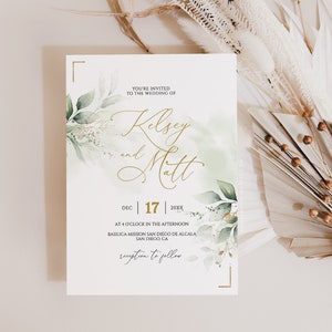 KELSEY Greenery Wedding Invitation Template Download, Printable Wedding Invitation, Greenery and Faux Gold Wedding Invitation Editable image 2