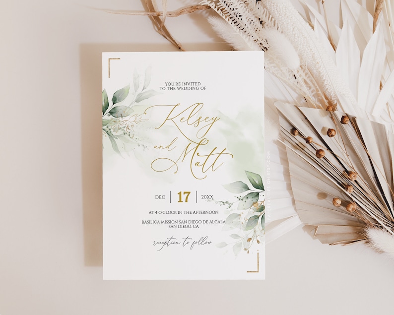 KELSEY Greenery Wedding Invitation Template Download, Printable Wedding Invitation, Greenery and Faux Gold Wedding Invitation Editable image 2