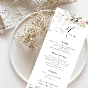 ELLIE - Descarga de la plantilla de menú floral para bodas, tarjeta de menú, menú de boda Greenery Blush , menú de cócteles, plantilla de menú de rubor de salvia, menú de bebidas