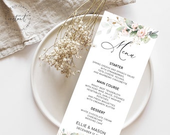 Floral Wedding Menu Template: Greenery Blush Design (Digital Download)
