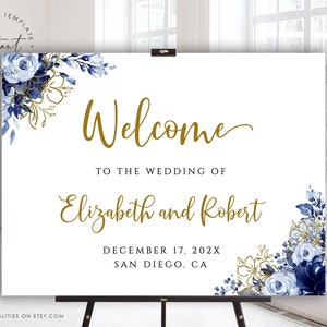 ELIZA - Navy Dusty Blue Wedding Welcome Sign Template, Welcome Poster, Printable Welcome Sign, Floral Blue Welcome Template, Wedding Sign