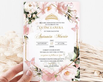 Plantilla de invitación para quinceañera floral rosa rubor (editable por bricolaje)