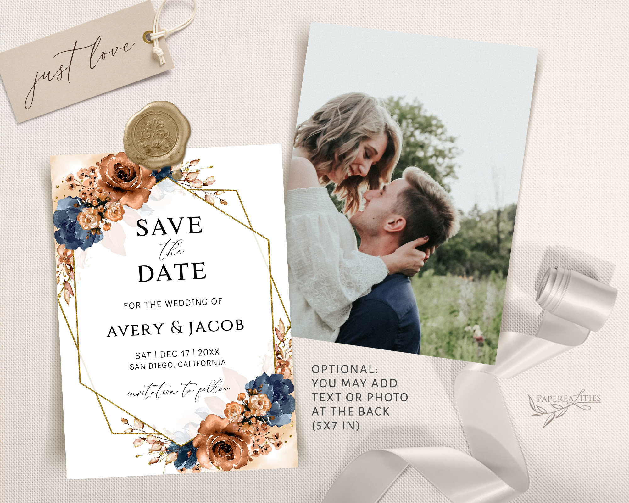 Floral Terracotta \u0026 Navy Save the Date Template (digital Download) - Etsy, image size:2000x1599