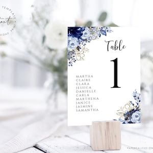 Modelo de cartão de assento de casamento azul empoeirado marinho, número de mesa de casamento floral azul para impressão cartão de assento de mesa editável plano de assento, ELIZA