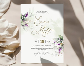 Purple Wedding Invitation Template, Greenery Lilac Wedding Invitation, Wedding Invitation Printable Template, Lilac Wedding Invites, EMME