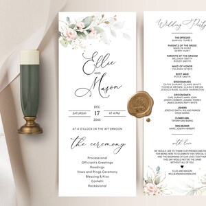 May include: Wedding invitation featuring a watercolour floral design in shades of pink and green. The invitation includes the names "Ellie and Mason" and the date "17 December 20XX". The wedding party details are listed on the right side of the invitation.