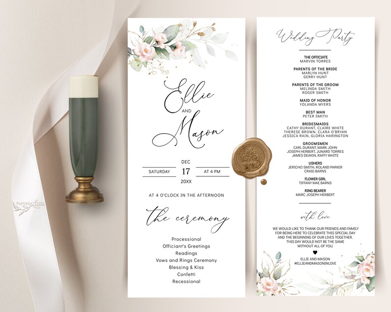 May include: Wedding invitation featuring a watercolour floral design in shades of pink and green. The invitation includes the names "Ellie and Mason" and the date "17 December 20XX". The wedding party details are listed on the right side of the invitation.