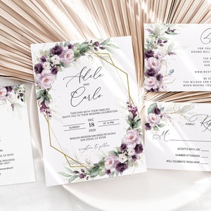 ADELE - Purple Lilac Wedding Invitation, Floral Wedding Invitation Template, Lilac and Greenery Wedding Invitation RSVP, Plum Lilac Invites