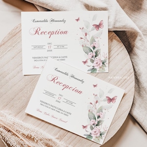 Bearbeitbare Quinceanera-Empfangskartenvorlage, Quinceanera-Empfangskarte Spanisch und Englisch, Rosa Geburtstags-Empfangs-Einlegekarte Corjl, Q14
