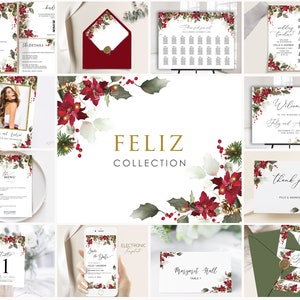 Christmas Themed Wedding Bundle Templates, Winter Wedding Invitation Set, Christmas Wedding Invitation Red Poinsettia Winter Holly, FELIZ