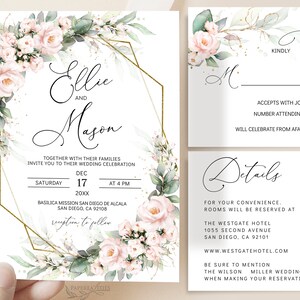 May include: Wedding invitation featuring a gold geometric frame and watercolour floral design. The invitation includes the names "Ellie and Mason" and details for the wedding ceremony and reception. The RSVP card includes a section for guests to indicate their attendance and a details card provides information about the hotel.