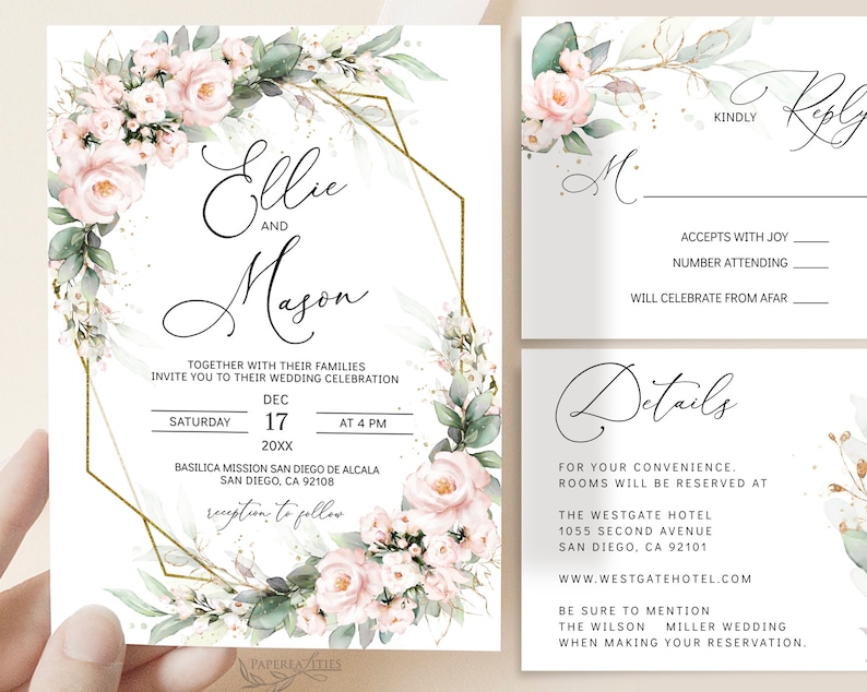 May include: Wedding invitation featuring a gold geometric frame and watercolour floral design. The invitation includes the names "Ellie and Mason" and details for the wedding ceremony and reception. The RSVP card includes a section for guests to indicate their attendance and a details card provides information about the hotel.