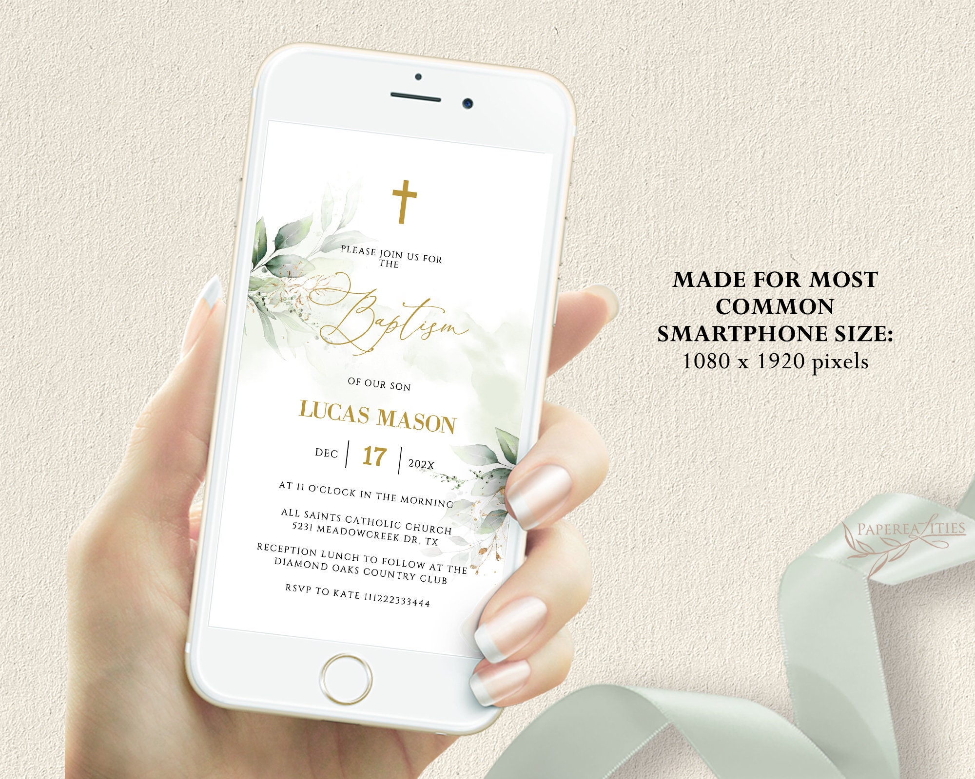 Digital Baptism Invitation Template Greenery Baptism Evite Etsy Australia