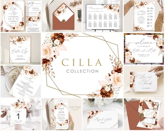 Burnt Orange Floral Wedding Invitation Template Bundle (Digital Download)