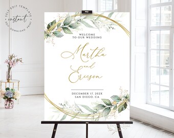 Greenery Wedding Welcome Sign Template: Faux Gold (Digital Download)