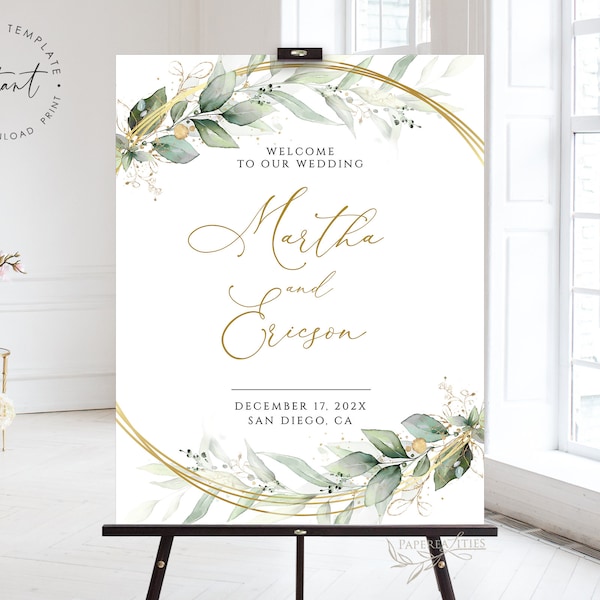 MARTHA - Greenery Wedding Welcome Sign Template, Welcome Sign Wedding, Geometric Greenery Welcome Sign, Greenery Faux Gold Welcome Poster