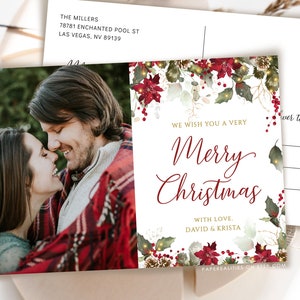 Modelo de cartão postal com foto de Natal, cartão com foto de Feliz Natal, cartão com foto de férias, cartão postal de férias editável para impressão DIY Download, FELIZ