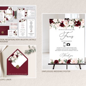 K&ouml;nnte beinhalten: Unplugged-Hochzeitsposter mit burgunderfarbenem und blushfarbenem Blumendesign. Das Poster lautet "Wir w&uuml;rden gerne Ihre Gesichter sehen, nicht Ihre Ger&auml;te." Es enth&auml;lt auch ein Telefon- und Kamerasymbol sowie den Text "Bitte legen Sie Ihre Telefone und Kameras bis nach der Zeremonie weg und genie&szlig;en Sie diesen besonderen Moment mit uns. Danke."
