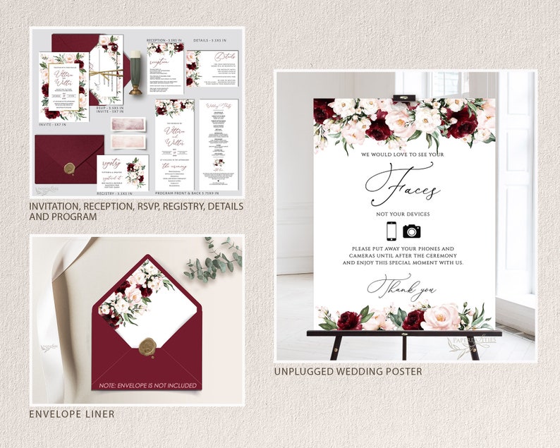 K&ouml;nnte beinhalten: Unplugged-Hochzeitsposter mit burgunderfarbenem und blushfarbenem Blumendesign. Das Poster lautet "Wir w&uuml;rden gerne Ihre Gesichter sehen, nicht Ihre Ger&auml;te." Es enth&auml;lt auch ein Telefon- und Kamerasymbol sowie den Text "Bitte legen Sie Ihre Telefone und Kameras bis nach der Zeremonie weg und genie&szlig;en Sie diesen besonderen Moment mit uns. Danke."