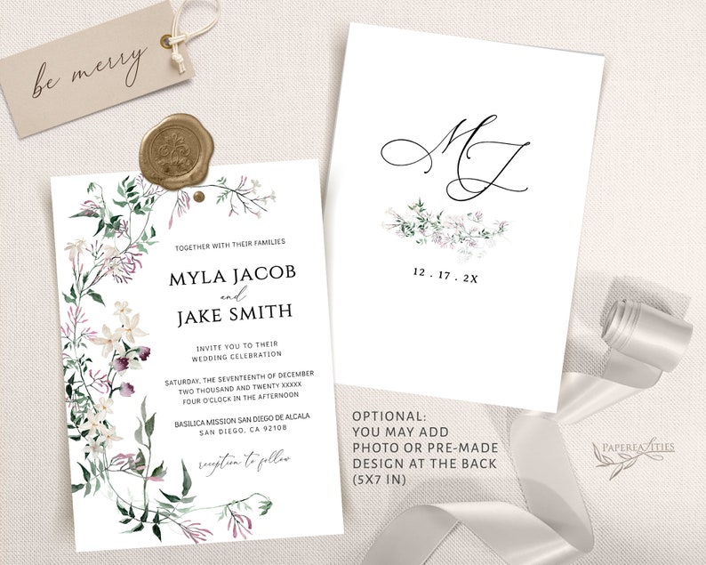 Wildflower Wedding Invitation Suite: Plum, Sage Green (Digital Download) image 8