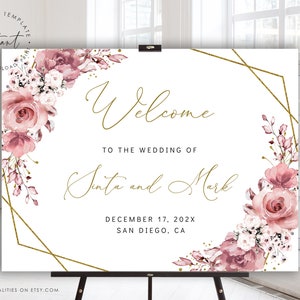 SINTA - Plantilla de signo de bienvenida de Dusty Rose, Signo de bienvenida de boda, Signo de boda rosa rubor polvoriento, Signo de boda floral, Póster de bienvenida editable