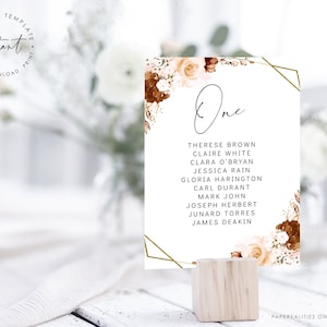 CILLA - Burnt Orange Wedding Seating Chart Card Template, Rust Floral Wedding Table Names, Printable Seating Arrangement Card, Seating Plan