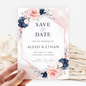ALESSI - Rose Gold Geometric Save the Date Vorlage, Floral Pink Blush und Navy Blue Save The Date Invite, druckbare Hochzeit Save the Date
