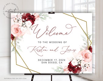 Floral Wedding Welcome Sign Template: Burgundy Blush Pink (Digital Download)