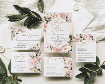 May include: Wedding invitation suite with pink floral designs and gold accents. The invitation features the names Harlow and Ethan, the date December 17, and the location Basilica San Diego. The RSVP card includes the names Kyly and the date October 30. The reception card includes the location The Prado at Balboa Park, the date December 17, and the time 4:00 PM. The registry card includes the names Harlow and Ethan and the registry locations Bed Bath & Beyond, Amazon.com, and Pottery Barn.