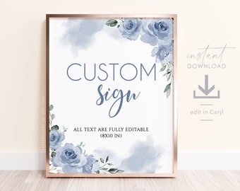 Bridal Shower Editable Sign Template Dusty Blue Floral Wedding Table Sign, Printable Bridal Shower Custom Sign Dusty Blue and White DANIELLE