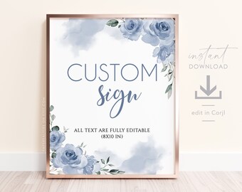 Dusty Blue Floral Bridal Shower Sign Template (8x10 in, Digital Download)