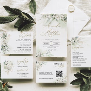 AMANDA - Wedding Invitation White Floral Greenery Template, Wedding Invitation with White Roses, Printable Editable Wedding Invitation Corjl
