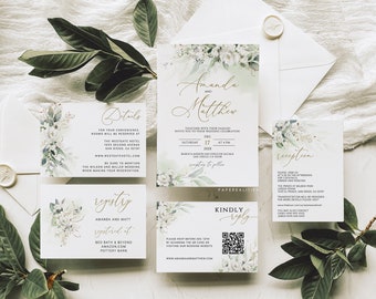 White Floral Wedding Invitation Template: Amanda (Digital Download)