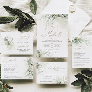 Sage Green Wedding Invitation Template: Botanical Faux Gold (Digital Download)