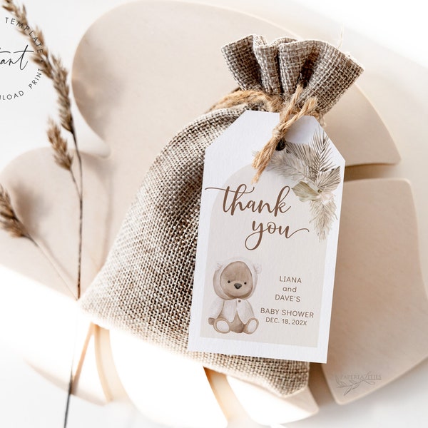 Bear Baby Shower Favor Tags Template, Pampas Baby Shower Tag, Teddy Bear Favor Tag, Printable Thank You Tags, Brown Bear Gender Neutral Tags