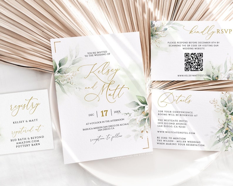 KELSEY Minimalist Greenery Wedding Invitation Template, Wedding Invitation, Printable Wedding Invitation Template Set, Greenery Faux Gold image 4