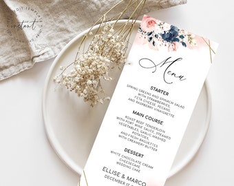 Floral Wedding Menu Template: Navy and Blush (Digital Download)