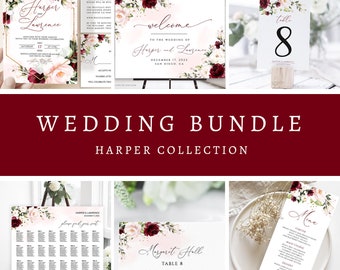 Floral Burgundy Wedding Invitation Template Bundle (DIY Editable)