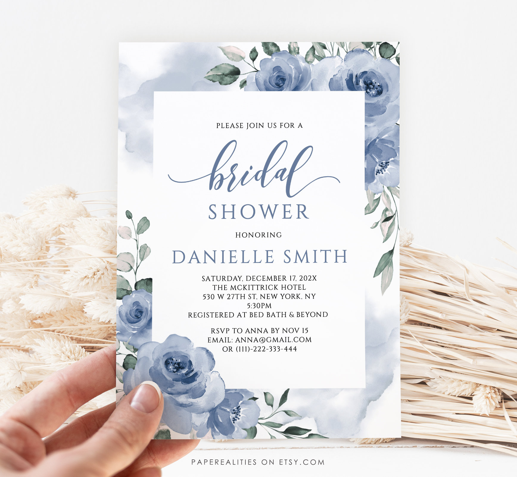 Floral Dusty Blue Bridal Shower Invitation Template (DIY Editable) - Etsy, image size:1736x1602