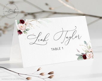 CASEY - Floral Burgundy Place Card Template, Burgundy Blush Wedding Place Card, Tent Type Flat Name Card, Editable Floral Blush Place Card