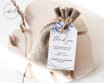 Dusty Blue Floral Wedding Favor Tag Template (Digital Download)