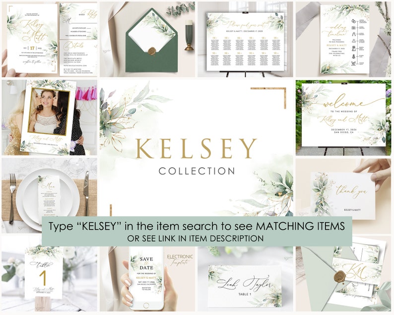 KELSEY Minimalist Greenery Wedding Invitation Template, Wedding Invitation, Printable Wedding Invitation Template Set, Greenery Faux Gold image 10