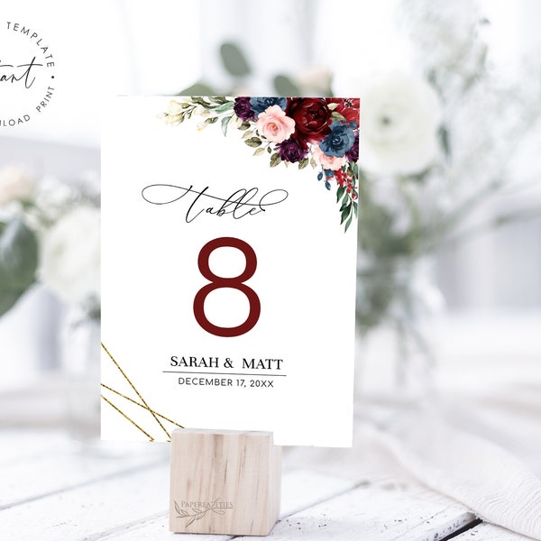 SARAH - Wedding Table Number Template Burgundy Navy Florals, Printable Floral Table Number, Editable Table Number, Table Number Sign, Corjl