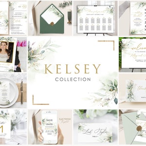 KELSEY Greenery Wedding Invitation Bundle Template, Sage Green Gold Wedding Invitation Suite, Wedding Template Bundle, Wedding Invitation image 1