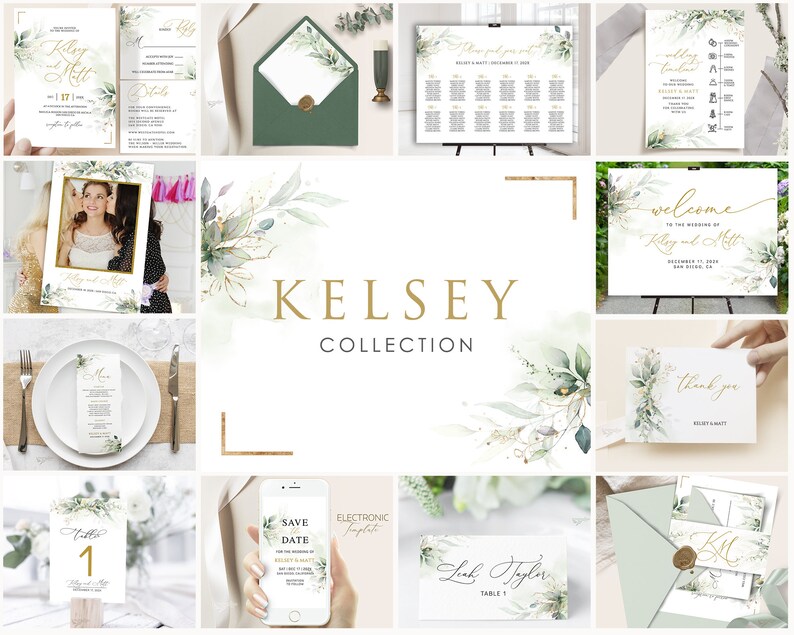 KELSEY Greenery Wedding Invitation Bundle Template, Sage Green Gold Wedding Invitation Suite, Wedding Template Bundle, Wedding Invitation image 1