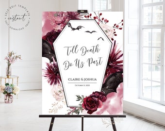 Halloween Wedding Welcome Sign Template, Til Death Do Us Part Wedding Sign, Gothic Welcome Sign Black Burgundy Bridal Shower Poster, CLAIRE