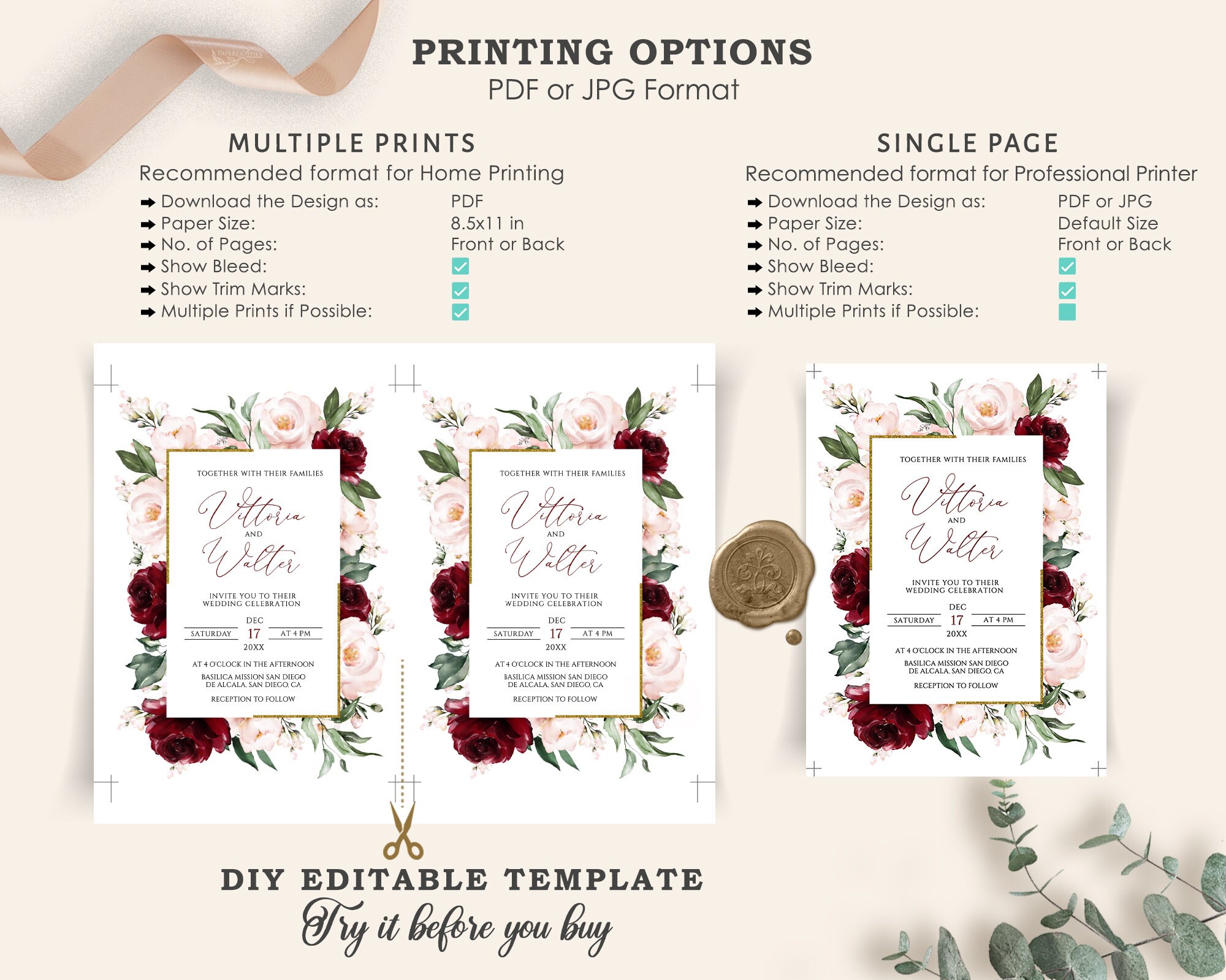 Burgundy Blush Floral Wedding Invitation Template (DIY Printable) - Etsy, image size:2000x1599